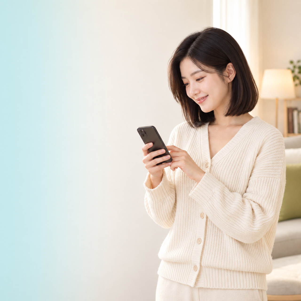 다음머니 앱카드현금화 휴대전화 앱 화면을 보며 웃는 고객
